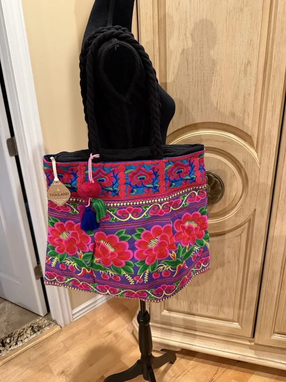 Handmade Hmong Tote Bag Large Size, Tribal Embroidered Tote Bag, Thai Beach Bag